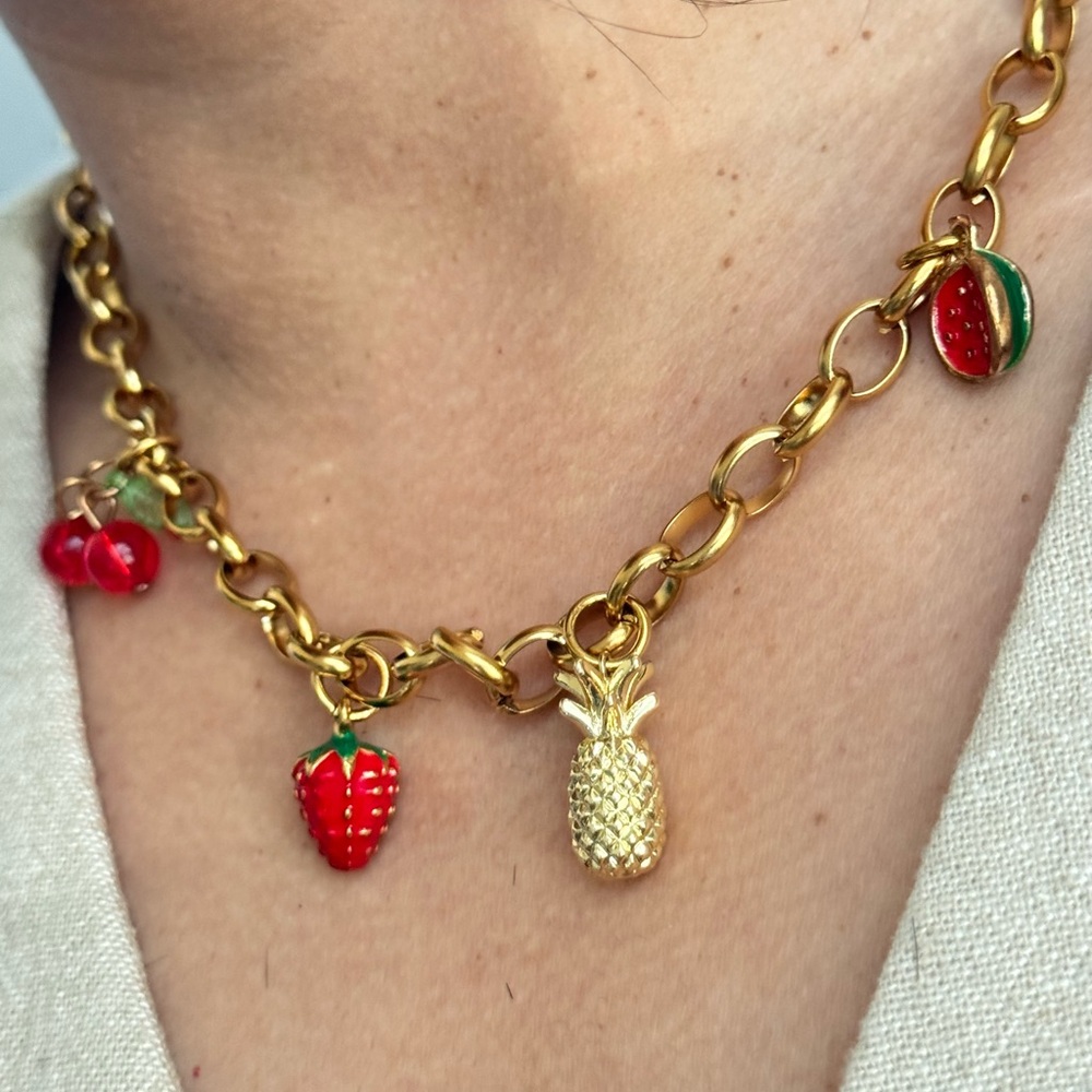 Gold Charm Necklace with Fruit Accents